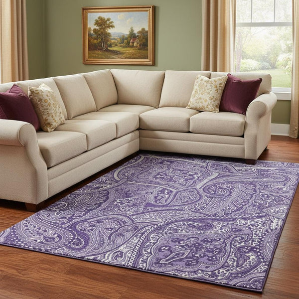 HomeRoots 8' X 10' Elegant Purple & Ivory Paisley Washable Area Rug with UV Protection for Busy Homes 652663