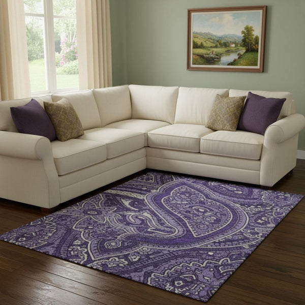 HomeRoots 9' X 12' Stylish Purple and Ivory Paisley Area Rug – Washable, UV Protected, Stain Resistant Design! 652664