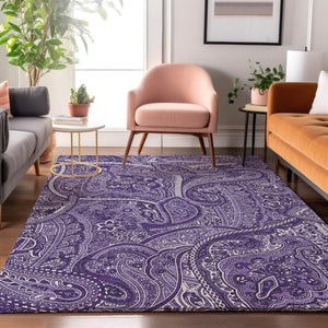 HomeRoots 9' X 12' Stylish Purple and Ivory Paisley Area Rug – Washable, UV Protected, Stain Resistant Design! 652664