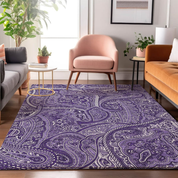 HomeRoots 10' Purple and Ivory Paisley Washable Area Rug – Durable, Stain Resistant, UV Protected for Any Room 652665