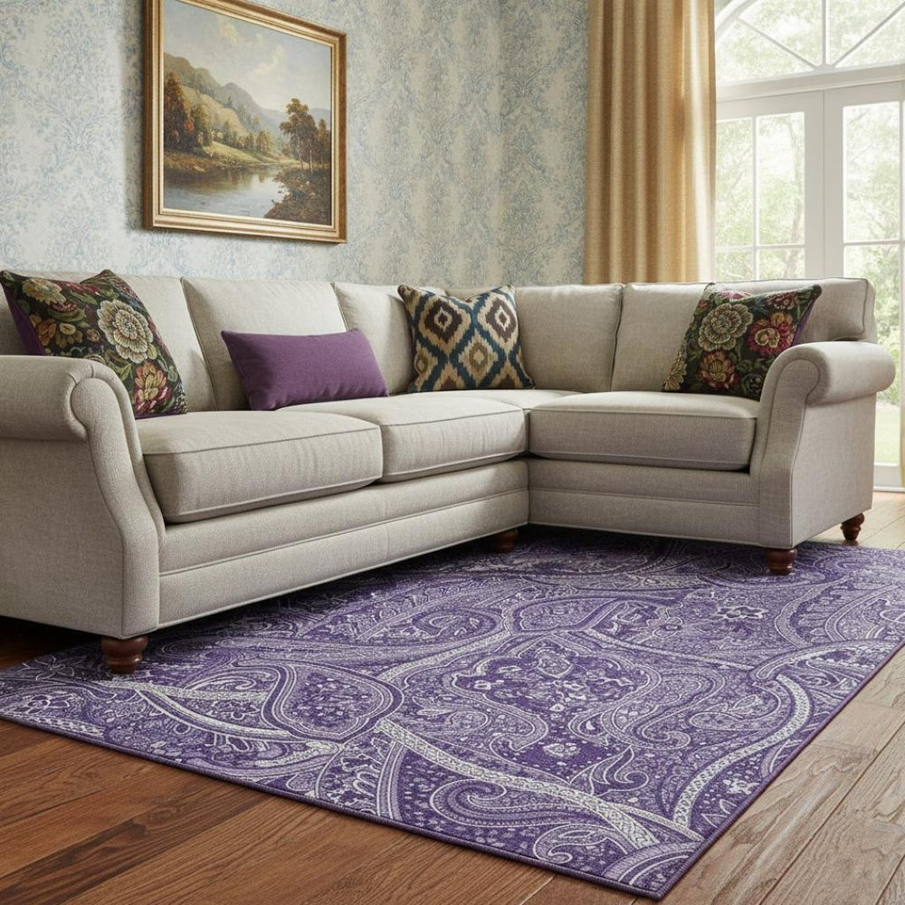 HomeRoots 10' Purple and Ivory Paisley Washable Area Rug – Durable, Stain Resistant, UV Protected for Any Room 652665