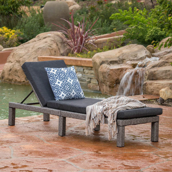 English Elm Christopher Knight Home® - PUERTA KD Chaise Lounge - Black PE Rattan with Iron Frame, Water-Repellent Cushions, All-Season Relaxation 61190.00MBK