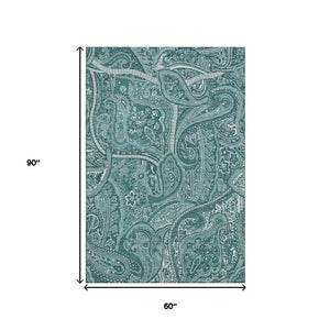 HomeRoots 5' Teal and Ivory Paisley Area Rug – Washable, UV-Protected, Durable for High-Traffic Homes & Style 652667