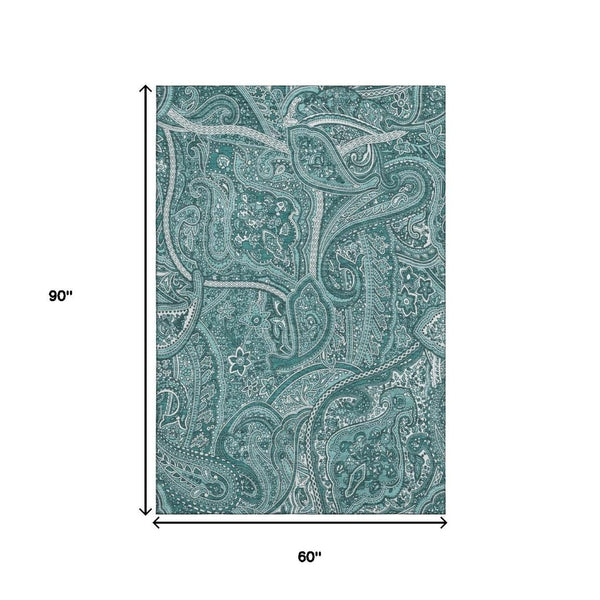 HomeRoots 5' Teal and Ivory Paisley Area Rug – Washable, UV-Protected, Durable for High-Traffic Homes & Style 652667