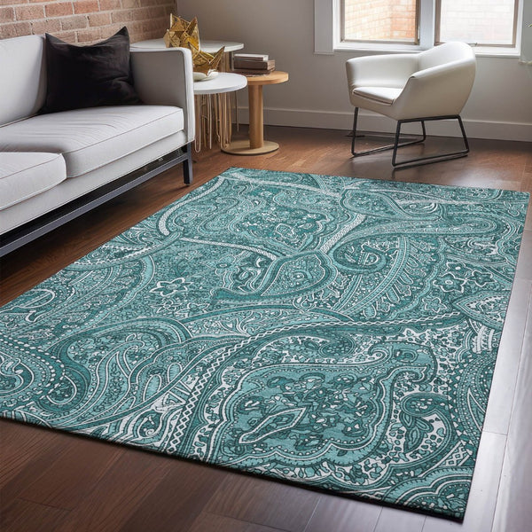 HomeRoots 5' Teal and Ivory Paisley Area Rug – Washable, UV-Protected, Durable for High-Traffic Homes & Style 652667