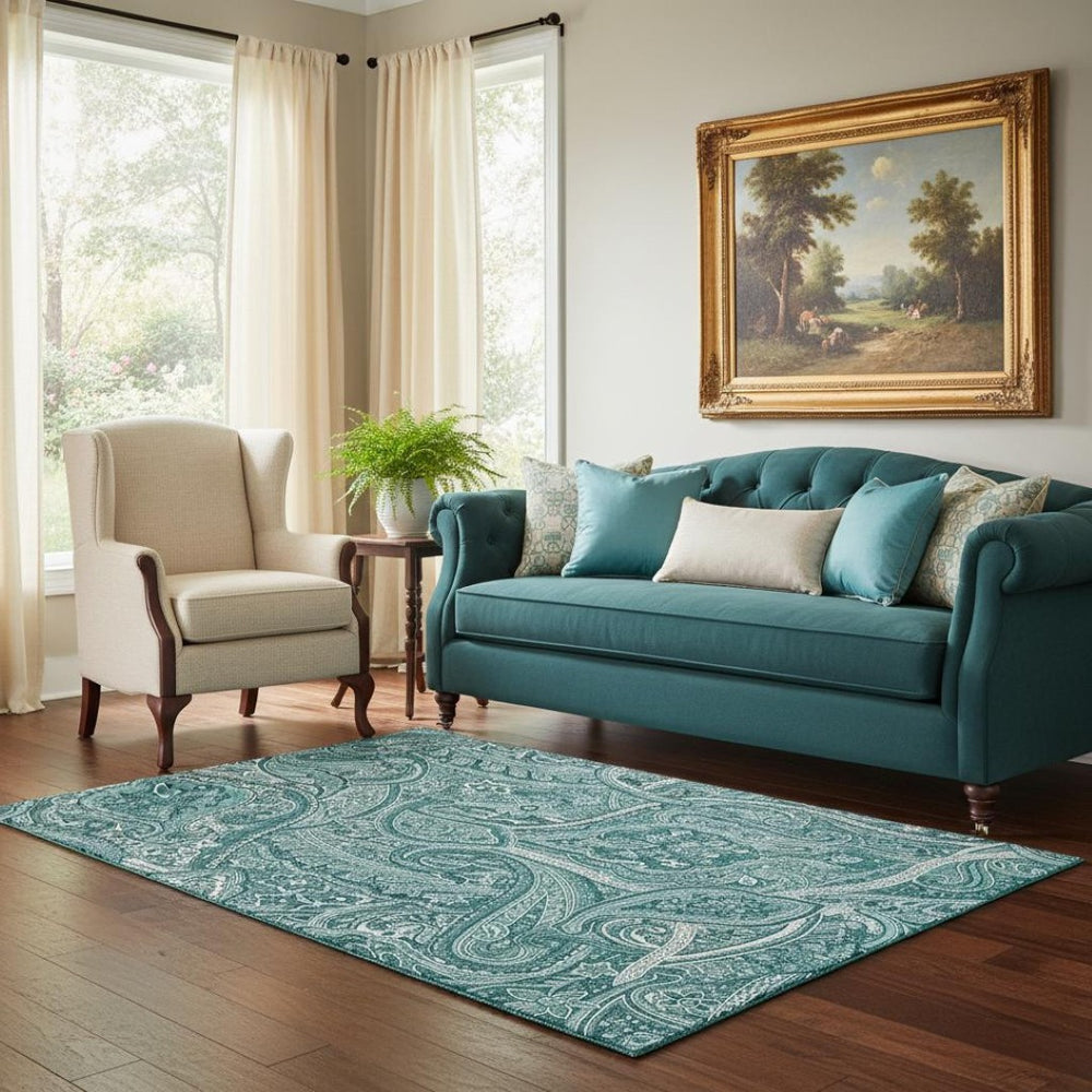 HomeRoots 5' Teal and Ivory Paisley Area Rug – Washable, UV-Protected, Durable for High-Traffic Homes & Style 652667