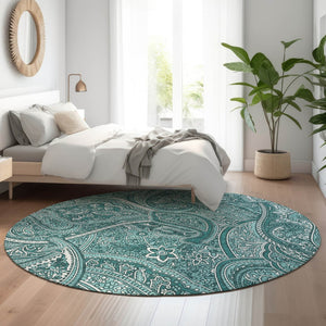 HomeRoots 8' Teal Paisley Washable Round Rug - UV Resistant, Stain-Proof, Perfect for Homes with Kids & Pets 652668