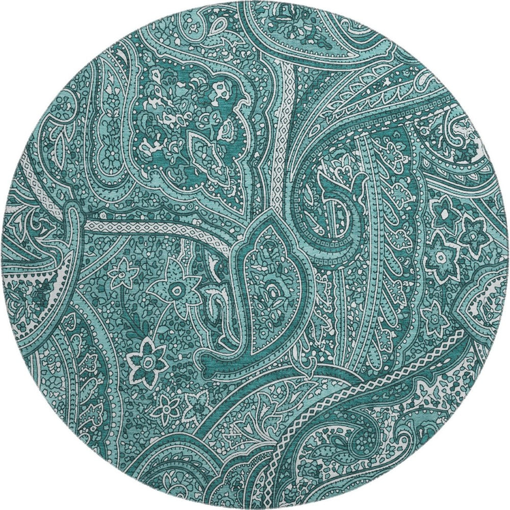 HomeRoots 8' Teal Paisley Washable Round Rug - UV Resistant, Stain-Proof, Perfect for Homes with Kids & Pets 652668
