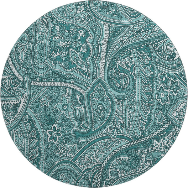 HomeRoots 8' Teal Paisley Washable Round Rug - UV Resistant, Stain-Proof, Perfect for Homes with Kids & Pets 652668