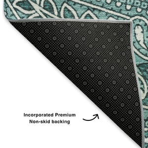 HomeRoots 8' Teal Paisley Washable Round Rug - UV Resistant, Stain-Proof, Perfect for Homes with Kids & Pets 652668