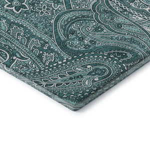 HomeRoots 8' Teal Paisley Washable Round Rug - UV Resistant, Stain-Proof, Perfect for Homes with Kids & Pets 652668