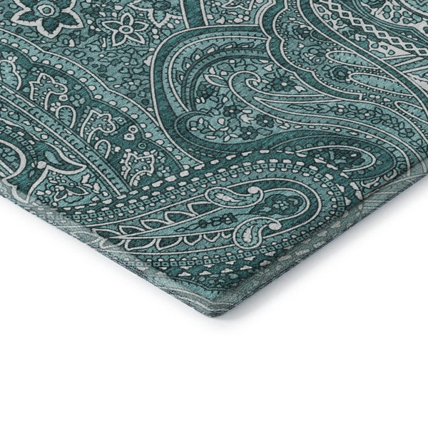 HomeRoots 8' Teal Paisley Washable Round Rug - UV Resistant, Stain-Proof, Perfect for Homes with Kids & Pets 652668