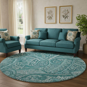 HomeRoots 8' Teal Paisley Washable Round Rug - UV Resistant, Stain-Proof, Perfect for Homes with Kids & Pets 652668