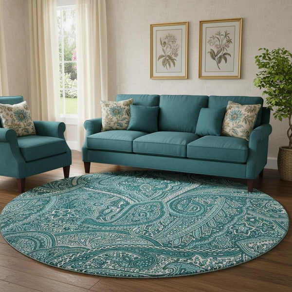 HomeRoots 8' Teal Paisley Washable Round Rug - UV Resistant, Stain-Proof, Perfect for Homes with Kids & Pets 652668