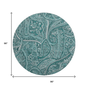HomeRoots 8' Teal Paisley Washable Round Rug - UV Resistant, Stain-Proof, Perfect for Homes with Kids & Pets 652668