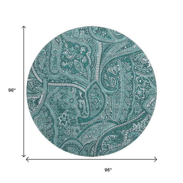 HomeRoots 8' Teal Paisley Washable Round Rug - UV Resistant, Stain-Proof, Perfect for Homes with Kids & Pets 652668