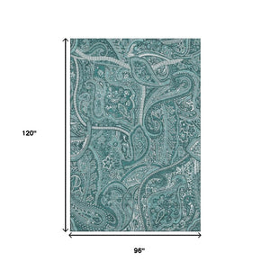 HomeRoots 8' X 10' Teal and Ivory Paisley Area Rug – Durable, Washable, UV-Protected for High-Traffic Spaces! 652669