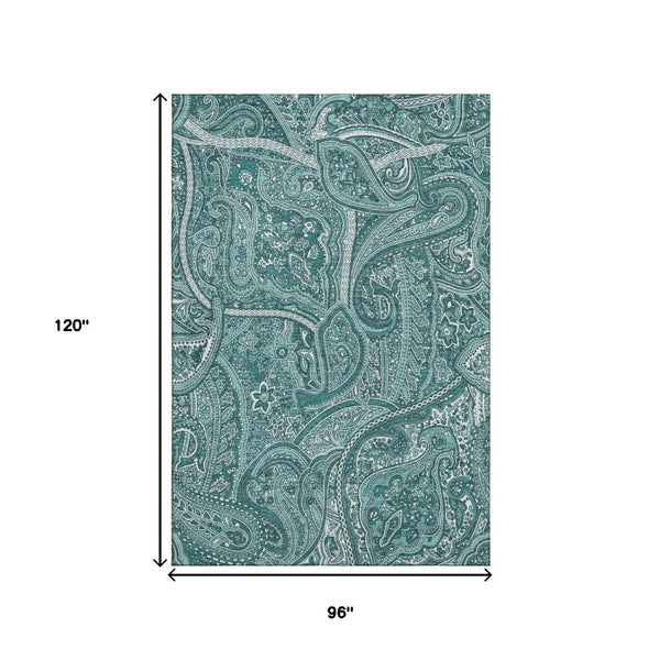HomeRoots 8' X 10' Teal and Ivory Paisley Area Rug – Durable, Washable, UV-Protected for High-Traffic Spaces! 652669