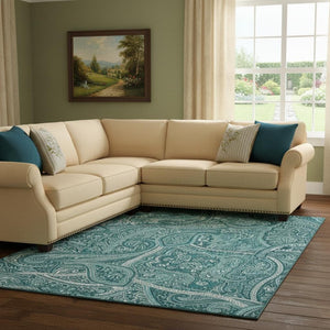 HomeRoots 8' X 10' Teal and Ivory Paisley Area Rug – Durable, Washable, UV-Protected for High-Traffic Spaces! 652669