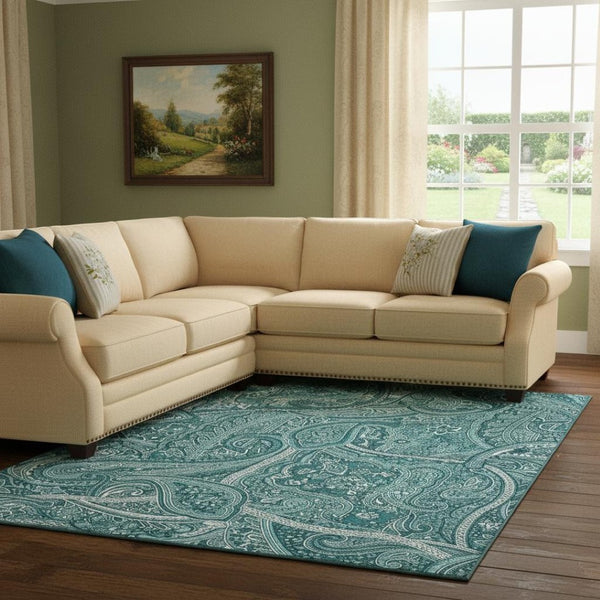 HomeRoots 8' X 10' Teal and Ivory Paisley Area Rug – Durable, Washable, UV-Protected for High-Traffic Spaces! 652669