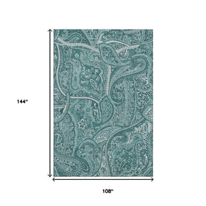 HomeRoots 9' X 12' Luxurious Teal and Ivory Paisley Area Rug - Washable, UV-Protected, Stain-Resistant Design 652670
