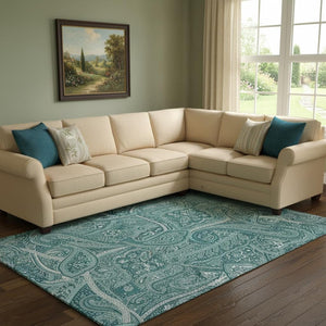 HomeRoots 9' X 12' Luxurious Teal and Ivory Paisley Area Rug - Washable, UV-Protected, Stain-Resistant Design 652670