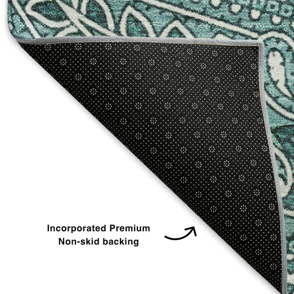 HomeRoots 9' X 12' Luxurious Teal and Ivory Paisley Area Rug - Washable, UV-Protected, Stain-Resistant Design 652670