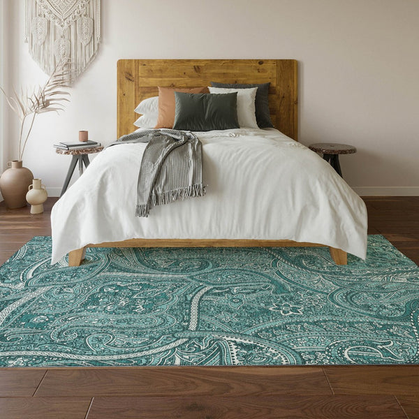 HomeRoots 9' X 12' Luxurious Teal and Ivory Paisley Area Rug - Washable, UV-Protected, Stain-Resistant Design 652670