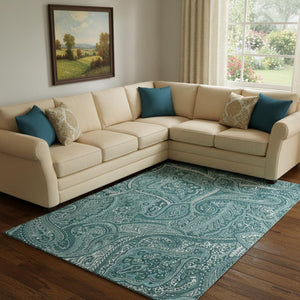 HomeRoots 10' Teal and Ivory Paisley Area Rug - Washable, UV-Protected, Durable Design for Busy Homes and Spaces 652671