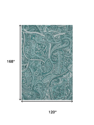 HomeRoots 10' Teal and Ivory Paisley Area Rug - Washable, UV-Protected, Durable Design for Busy Homes and Spaces 652671