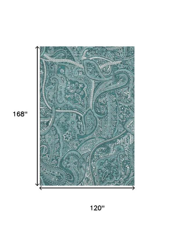 HomeRoots 10' Teal and Ivory Paisley Area Rug - Washable, UV-Protected, Durable Design for Busy Homes and Spaces 652671