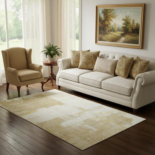 HomeRoots 5' X 8' Beige Ivory Gold Abstract Area Rug - Washable, UV-Protected, Perfect for Homes with Kids & Pets 652673