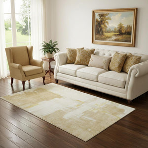 HomeRoots 5' X 8' Beige Ivory Gold Abstract Area Rug - Washable, UV-Protected, Perfect for Homes with Kids & Pets 652673