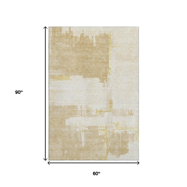 HomeRoots 5' X 8' Beige Ivory Gold Abstract Area Rug - Washable, UV-Protected, Perfect for Homes with Kids & Pets 652673