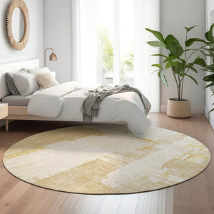 HomeRoots 8' Beige Ivory and Gold Abstract Washable Round Rug - UV Protected, Durable, Stylish Home Accent 652674