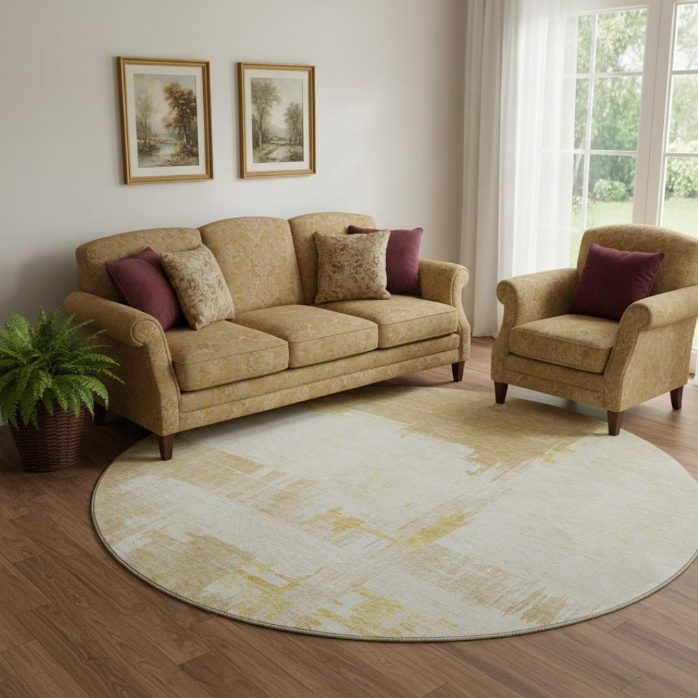 HomeRoots 8' Beige Ivory and Gold Abstract Washable Round Rug - UV Protected, Durable, Stylish Home Accent 652674
