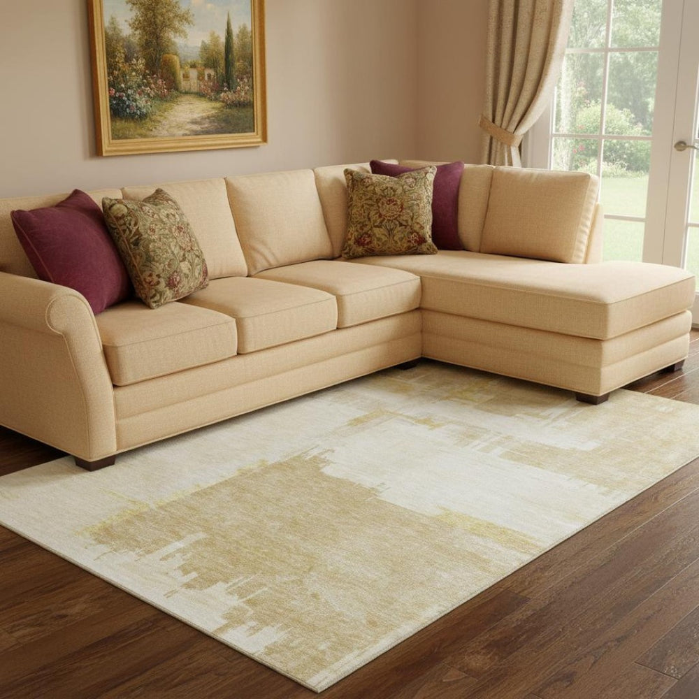 HomeRoots 8' X 10' Abstract Beige, Ivory & Gold Washable Area Rug with UV Protection & Stain Resistance 652675