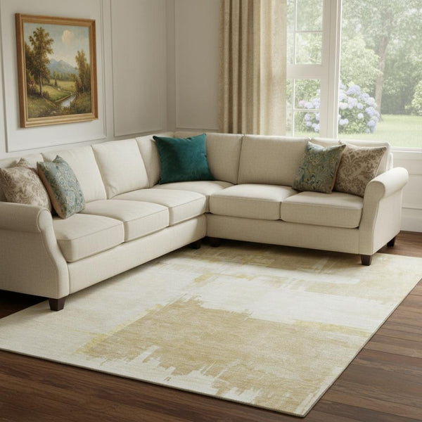 HomeRoots 9' X 12' Abstract Washable Area Rug in Beige, Ivory & Gold - UV Protected, Durable & Stylish Decor 652676