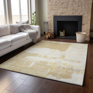 HomeRoots 9' X 12' Abstract Washable Area Rug in Beige, Ivory & Gold - UV Protected, Durable & Stylish Decor 652676