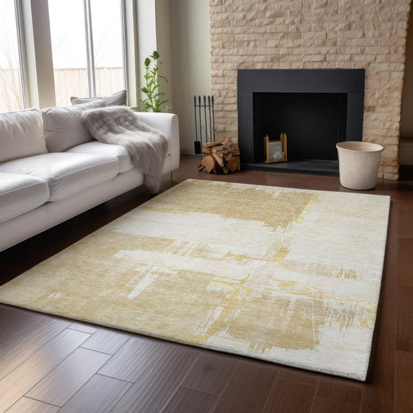 HomeRoots 9' X 12' Abstract Washable Area Rug in Beige, Ivory & Gold - UV Protected, Durable & Stylish Decor 652676