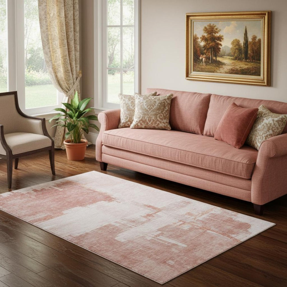 HomeRoots 5' X 8' Blush and Ivory Abstract Area Rug – Washable, UV-Protected, Stylish for Pets & Kids! 652679