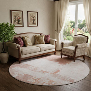 HomeRoots 8' Blush and Ivory Abstract Washable Round Rug - UV Protected, Pet-Friendly, Stylish Comfort for Any Space 652680