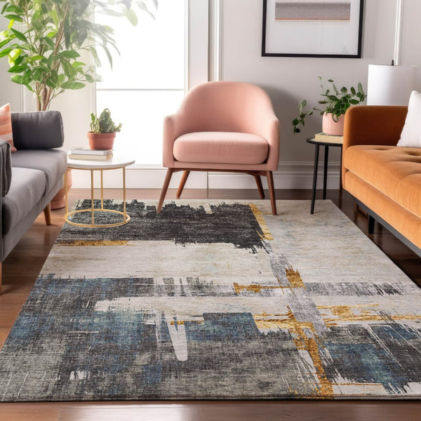 HomeRoots 5' X 8' Charcoal Ivory Gold Abstract Washable Rug - Durable, Stylish, UV-Protected for Modern Homes 652685