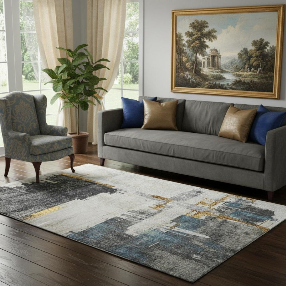 HomeRoots 5' X 8' Charcoal Ivory Gold Abstract Washable Rug - Durable, Stylish, UV-Protected for Modern Homes 652685