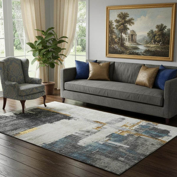 HomeRoots 5' X 8' Charcoal Ivory Gold Abstract Washable Rug - Durable, Stylish, UV-Protected for Modern Homes 652685