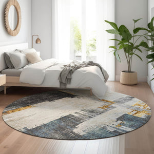 HomeRoots 8' Charcoal Ivory Gold Abstract Washable Round Rug with UV Protection for Stylish, Busy Homes 652686
