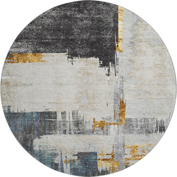 HomeRoots 8' Charcoal Ivory Gold Abstract Washable Round Rug with UV Protection for Stylish, Busy Homes 652686