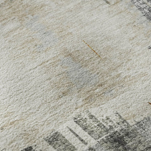 HomeRoots 8' Charcoal Ivory Gold Abstract Washable Round Rug with UV Protection for Stylish, Busy Homes 652686