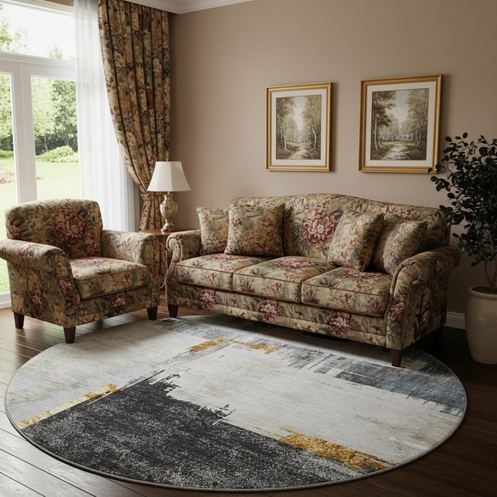 HomeRoots 8' Charcoal Ivory Gold Abstract Washable Round Rug with UV Protection for Stylish, Busy Homes 652686