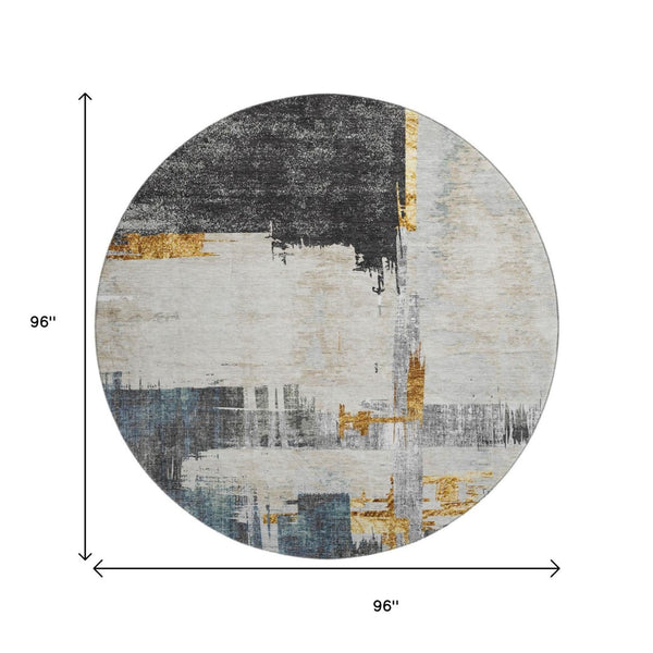 HomeRoots 8' Charcoal Ivory Gold Abstract Washable Round Rug with UV Protection for Stylish, Busy Homes 652686